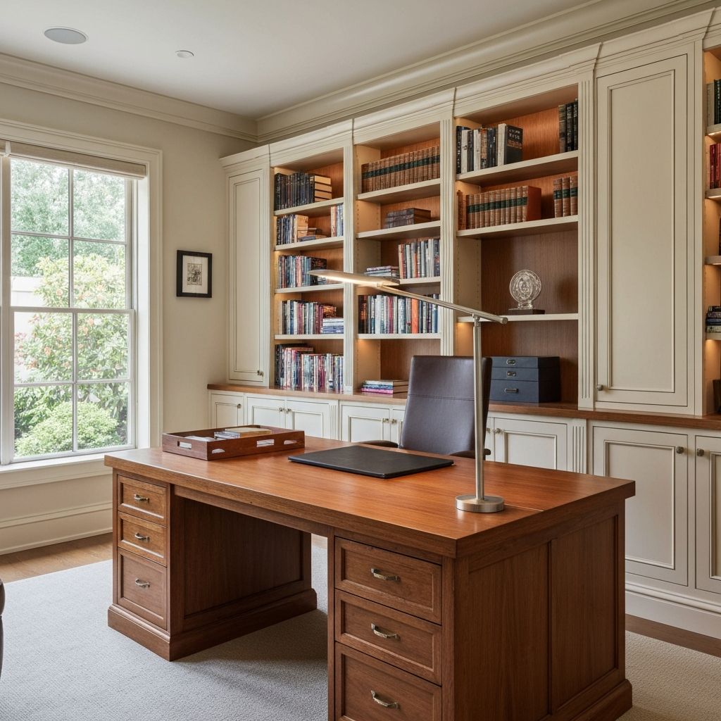 Sophisticated home office with built-in cabinetry